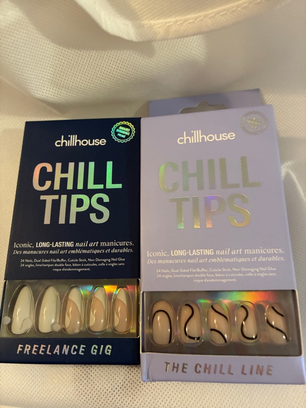 Hill House Press-On Nails in Navy Blue, Lilac, and Nude with Black Accents